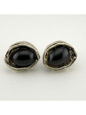 Vintage Chunky Cufflinks Black Oval Stones Retro Brutalist